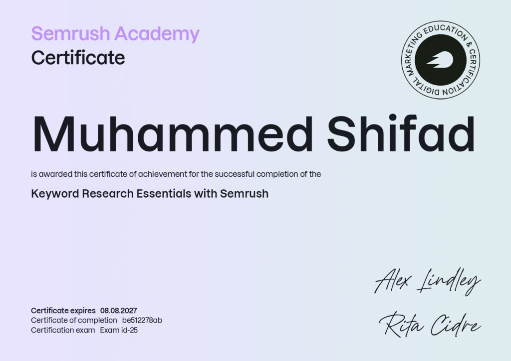 Keyword Research Essentials with Semrush certificate