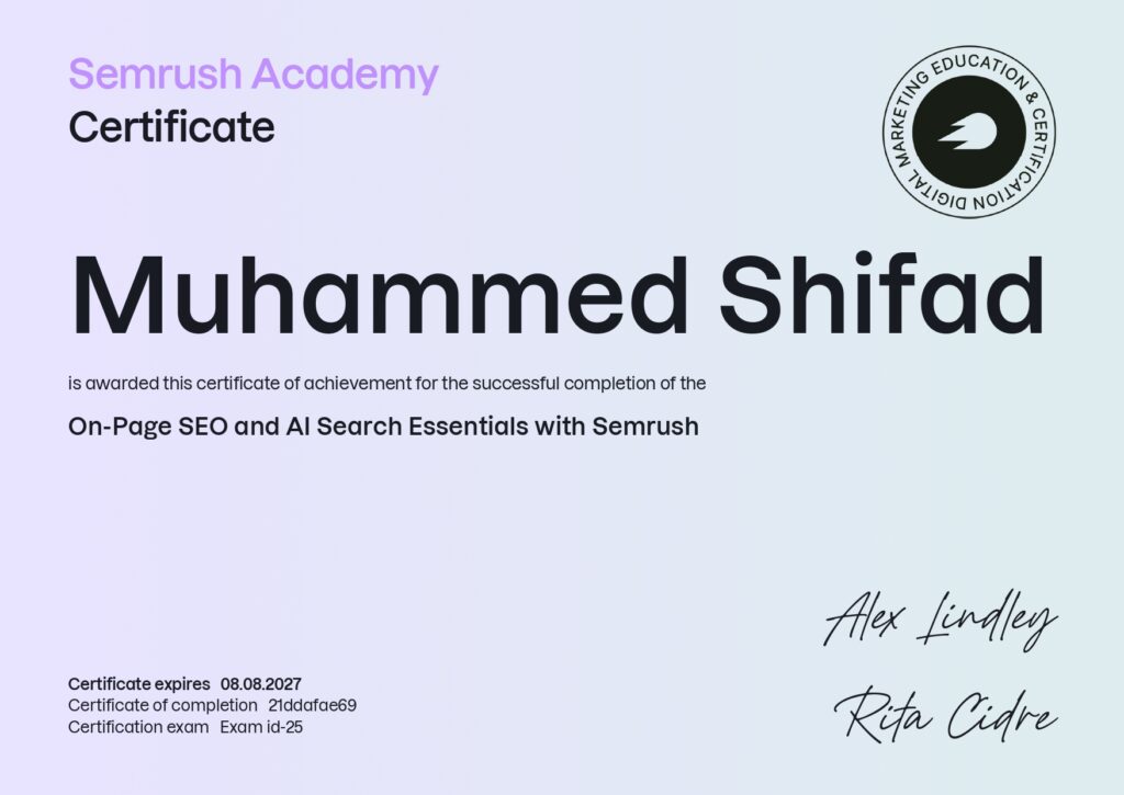 On-Page SEO and AI Search Essentials with Semrush certificate