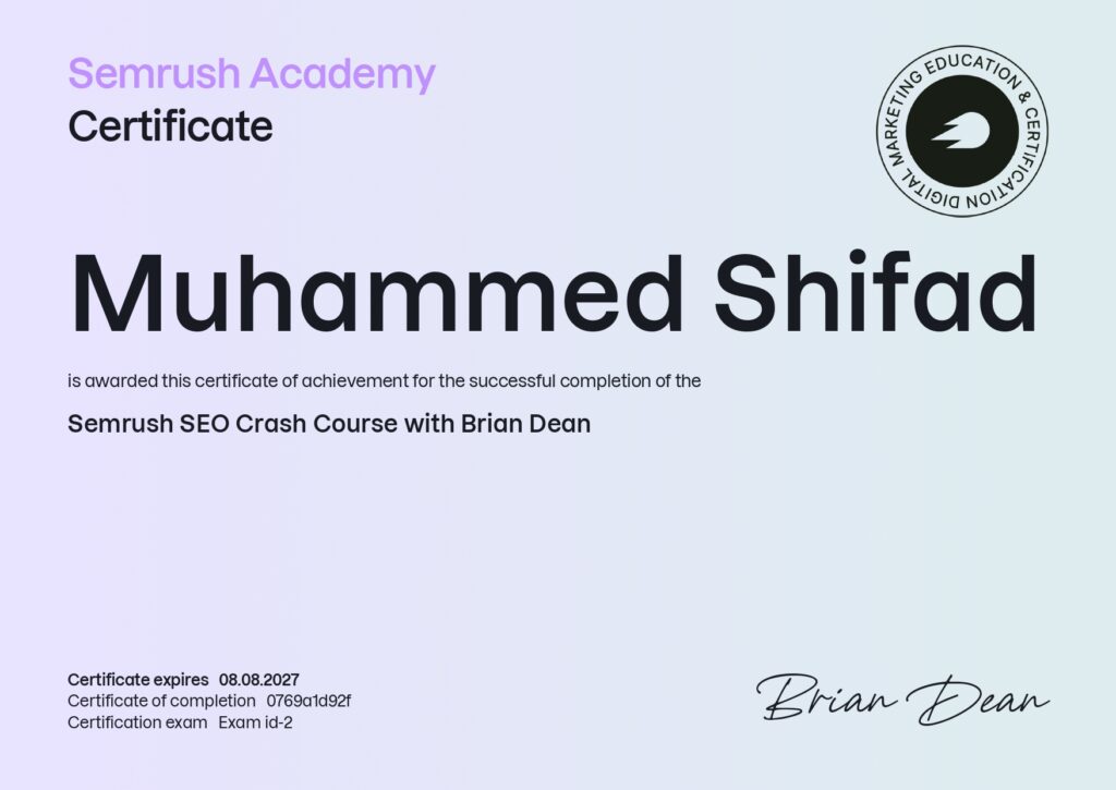 Semrush SEO Crash Course with Brian Dean Certificate